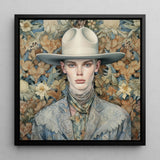 Jasper - Twink Cowboy Dandy Art Print / Canvas Framed Portrait Person Off-white Wide-brimmed Hat Patterned Blue-gray Gay Twink Cowboy,