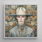 Jasper - Twink Cowboy Dandy Art Print / Canvas Framed Portrait Person Off-white Wide-brimmed Hat Patterned Blue-gray Gay Twink Cowboy,