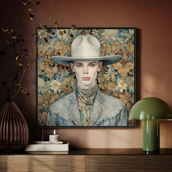 Jasper - Twink Cowboy Dandy Art Print / Canvas Framed Portrait Woman Off-white Cowboy Hat Intricate Lace Gay Twink Cowboy, Dandy Art,