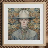 Jasper - Twink Cowboy Dandy Art Print / Canvas Cowboy Hat Wide Brim Floral Pattern Light Beige Gay Twink Cowboy, Dandy Art, Elegant Outlaw’s