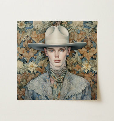 Square Canvas Print Portrait Person Off-white Wide-brimmed Hat Gay Twink Cowboy, Dandy Art, Elegant Outlaw’s
