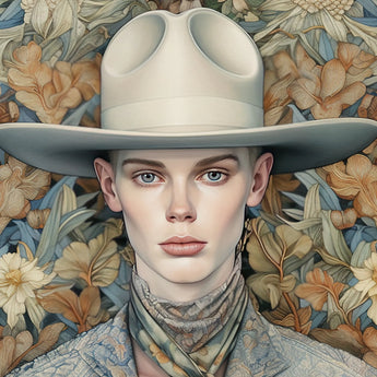 Jasper - Twink Cowboy Dandy Art Print / Canvas White Cowboy Hat Two Eye-like Cutouts Floral Scarf Gay Twink Cowboy, Dandy Art, Elegant