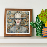 Jasper - Twink Cowboy Dandy Art Print, Framed Artwork Figure Wide-brimmed White Hat Floral Background