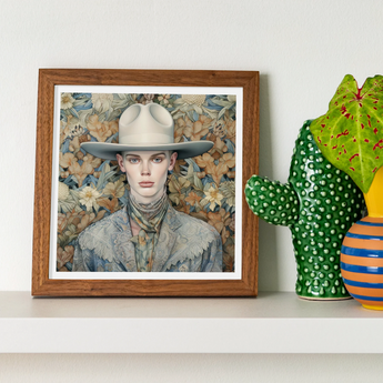 Jasper - Twink Cowboy Dandy Art Print, Framed Artwork Figure Wide-brimmed White Hat Floral Background