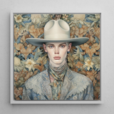 Jasper - Twink Cowboy Dandy Framed Canvas, 12x12’’ / 31x31cm / White Floating Frame, Floral Cowboy Portrait