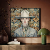Jasper - Twink Cowboy Dandy Framed Canvas, Framed Portrait Person White Cowboy Hat Floral Background