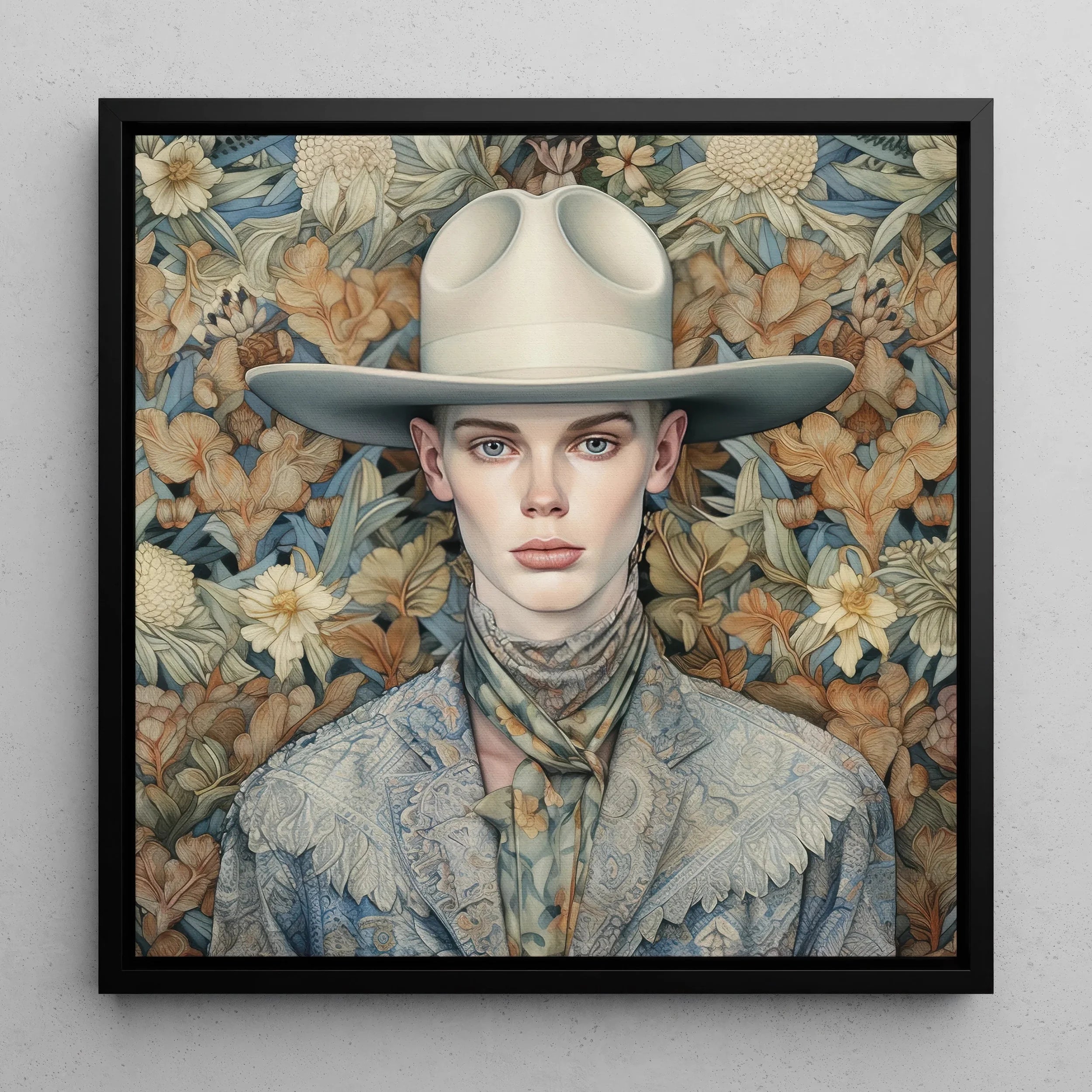 Jasper - Twink Cowboy Dandy Framed Canvas, Portrait Person Wide-brimmed White Hat Floral Background