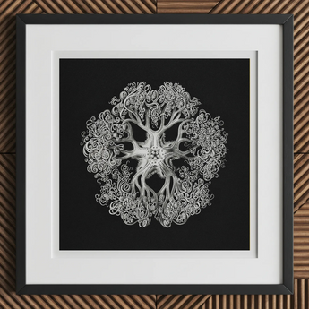 Jellyfish - Ernst Haeckel Ocean Life Art Print, 12x12’’ / 31x31cm / Black Frame / 2’’ Matboard, Framed Black White Intricate Tree-like