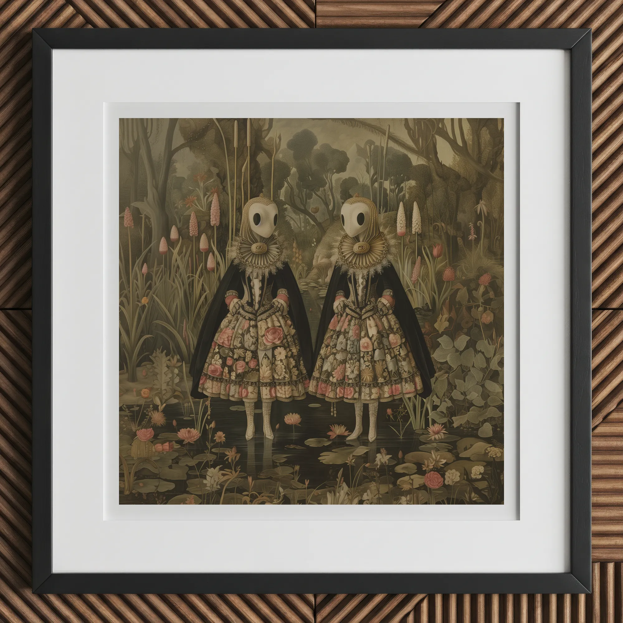 Jenny & June - Surreal Alien Twins Art Print, 12x12’’ / 31x31cm / Black Frame / 2’’ Matboard, Two Eerie Masked Figures Ornate Dresses Lily