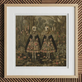 Jenny & June - Surreal Alien Twins Art Print, 12x12’’ / 31x31cm / Natural Frame / 2’’ Matboard, Framed Artwork Two Figures Skull-like Faces
