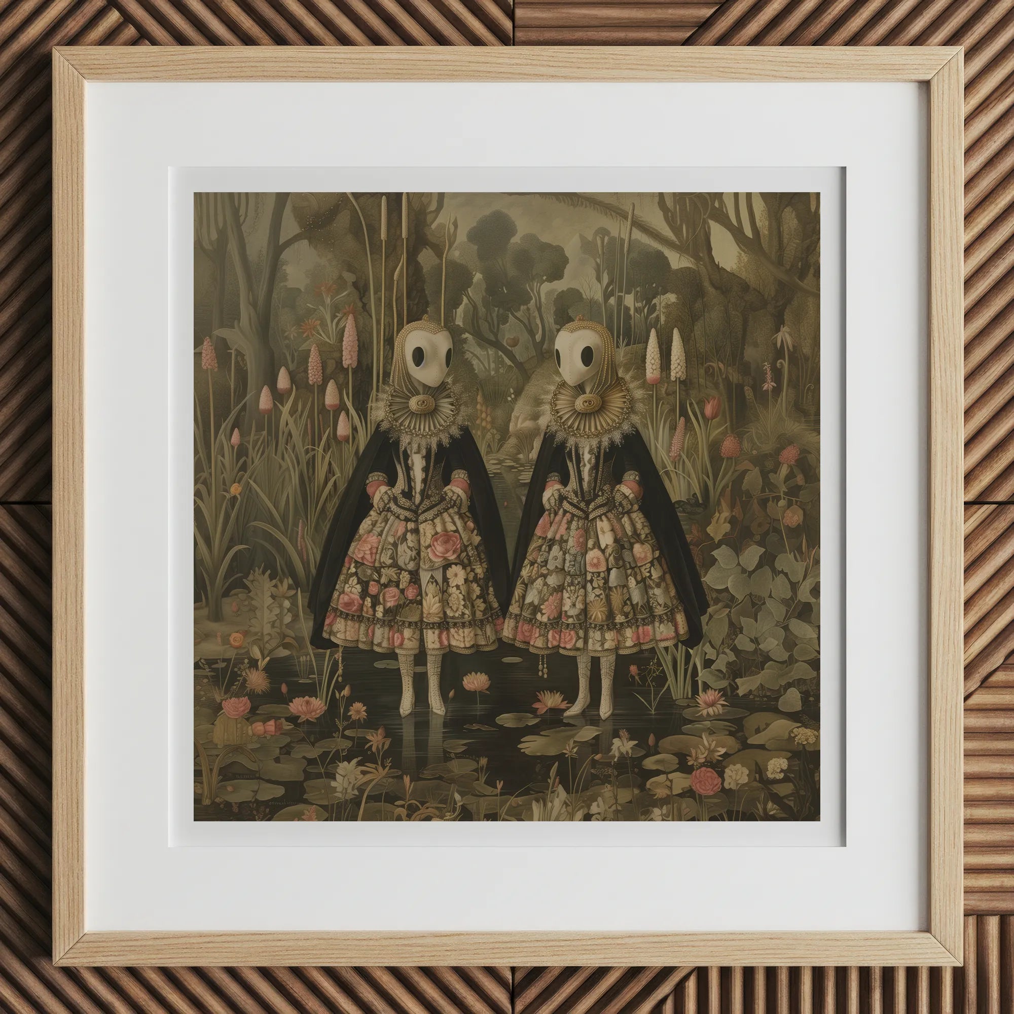 Jenny & June - Surreal Alien Twins Art Print, 12x12’’ / 31x31cm / Natural Frame / 2’’ Matboard, Framed Artwork Two Figures Skull-like Faces