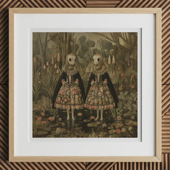 Jenny & June - Surreal Alien Twins Art Print, 12x12’’ / 31x31cm / Natural Frame / 2’’ Matboard, Framed Artwork Two Figures Skull-like Faces