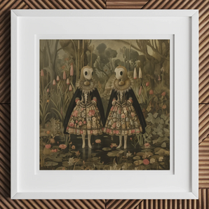 Jenny & June - Surreal Alien Twins Art Print, 12x12’’ / 31x31cm / White Frame / 2’’ Matboard, Framed Artwork Two Surreal Figures Floral