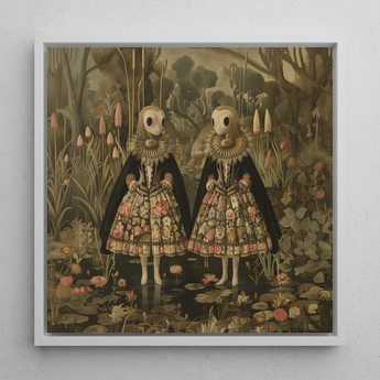 Jenny & June - Stampa artistica / tela di gemelle aliene surreali, 12x12’’ / 31x31cm / Cornice bianca, poster stampe arte visiva, Toby Leon