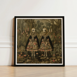 Black-framed Art Print Two Skeletal Figures Ornate Floral-patterned Surreal Alien Twins, Floral Dreamscape