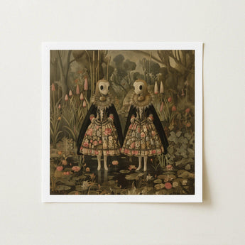 Jenny & June - Surreal Alien Twins Art Print / Canvas Square-framed Two Figures Ornate Floral-patterned Dresses, Floral Dreamscape Prints
