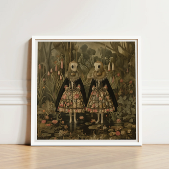 Framed Art Print Two Skeletal Figures Ornate Floral-patterned Surreal Alien Twins, Floral Dreamscape
