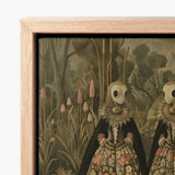 Framed Artwork Two Masked Figures Ornate Floral-patterned Dresses Surreal Alien Twins, Art, Floral Dreamscape