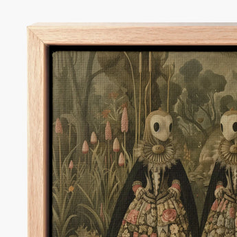 Framed Artwork Two Masked Figures Ornate Floral-patterned Dresses Surreal Alien Twins, Art, Floral Dreamscape