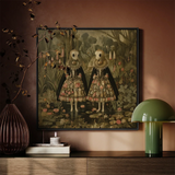 Jenny & June - Surreal Alien Twins Art Print / Canvas Framed Artwork Two Figures Ornate Floral-patterned Dresses Lush, Floral Dreamscape