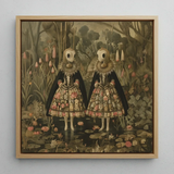 Jenny & June - Surreal Alien Twins Art Print / Canvas Square-framed Artwork Two Figures Ornate Floral-patterned Dresses Black, Floral