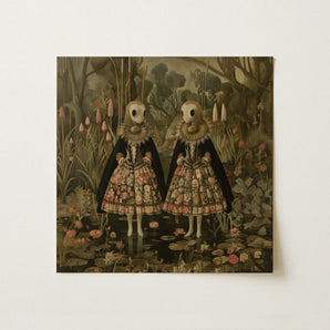Jenny & June - Surreal Alien Twins Art Print / Canvas Square Canvas Print Two Skeletal Figures Ornate Floral-patterned Surreal Alien Twins,
