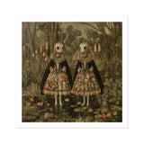 Jenny & June - Surreal Alien Twins Art Print / Canvas Two Identical Figures Ornate Dresses Masks Long Beaks, Floral Dreamscape Prints