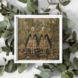Jenny & June - Surreal Alien Twins Art Print, Framed Artwork Two Figures Floral Dresses Rabbit-like Masks