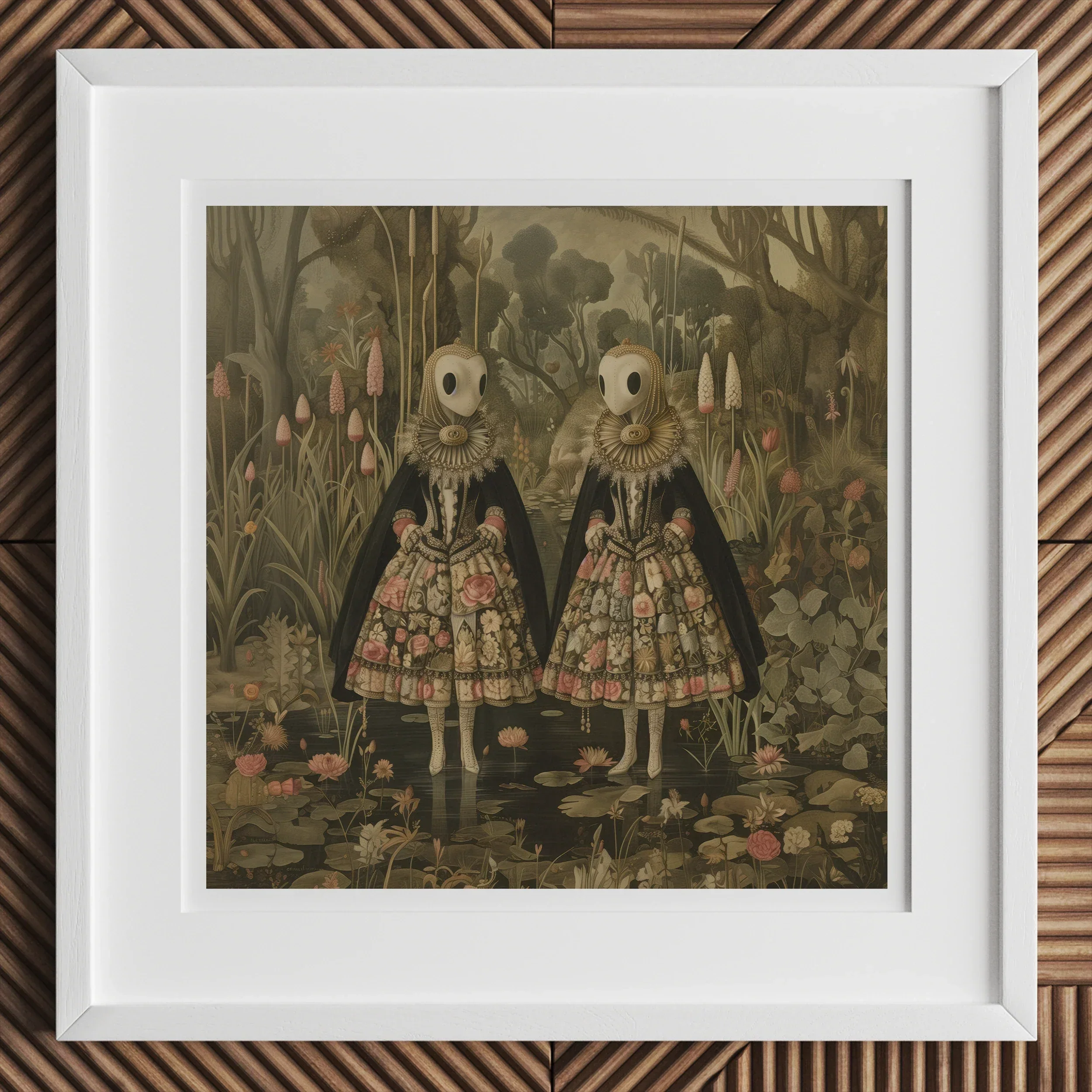 Jenny & June - Surreal Alien Twins Art Print, Framed Artwork Two Surreal Figures Floral Dresses Mask-like