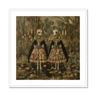 Jenny & June - Surreal Alien Twins Art Print, Two Identical Figures Black Cloaks Floral Dresses White