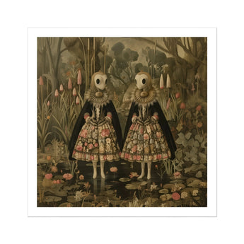 Jenny & June - Surreal Alien Twins Art Print, Two Identical Figures Ornate Dresses Masks Long Beaks