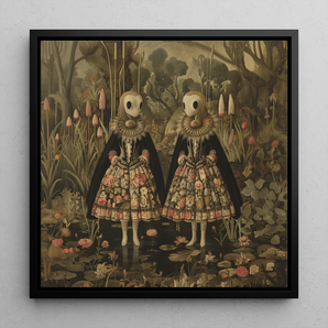 Jenny & June - Surreal Alien Twins Framed Canvas, 12x12’’ / 31x31cm / Black Floating Frame, Framed Surrealist Painting Two Figures