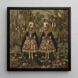 Jenny & June - Surreal Alien Twins Framed Canvas, 12x12’’ / 31x31cm / Black Floating Frame, Framed Surrealist Painting Two Figures