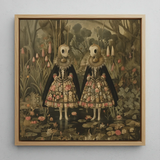 Jenny & June - Surreal Alien Twins Framed Canvas, 12x12’’ / 31x31cm / Natural Floating Frame, Framed Painting Two Figures Elaborate Dresses