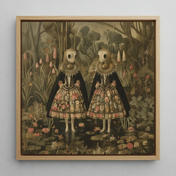 Jenny & June - Surreal Alien Twins Framed Canvas, 12x12’’ / 31x31cm / Natural Floating Frame, Framed Painting Two Figures Elaborate Dresses
