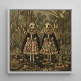 Jenny & June - Surreal Alien Twins Framed Canvas, 12x12’’ / 31x31cm / White Floating Frame, Framed Painting Two Figures Garden