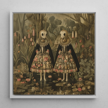 Jenny & June - Surreal Alien Twins Framed Canvas, 12x12’’ / 31x31cm / White Floating Frame, Framed Painting Two Figures Garden