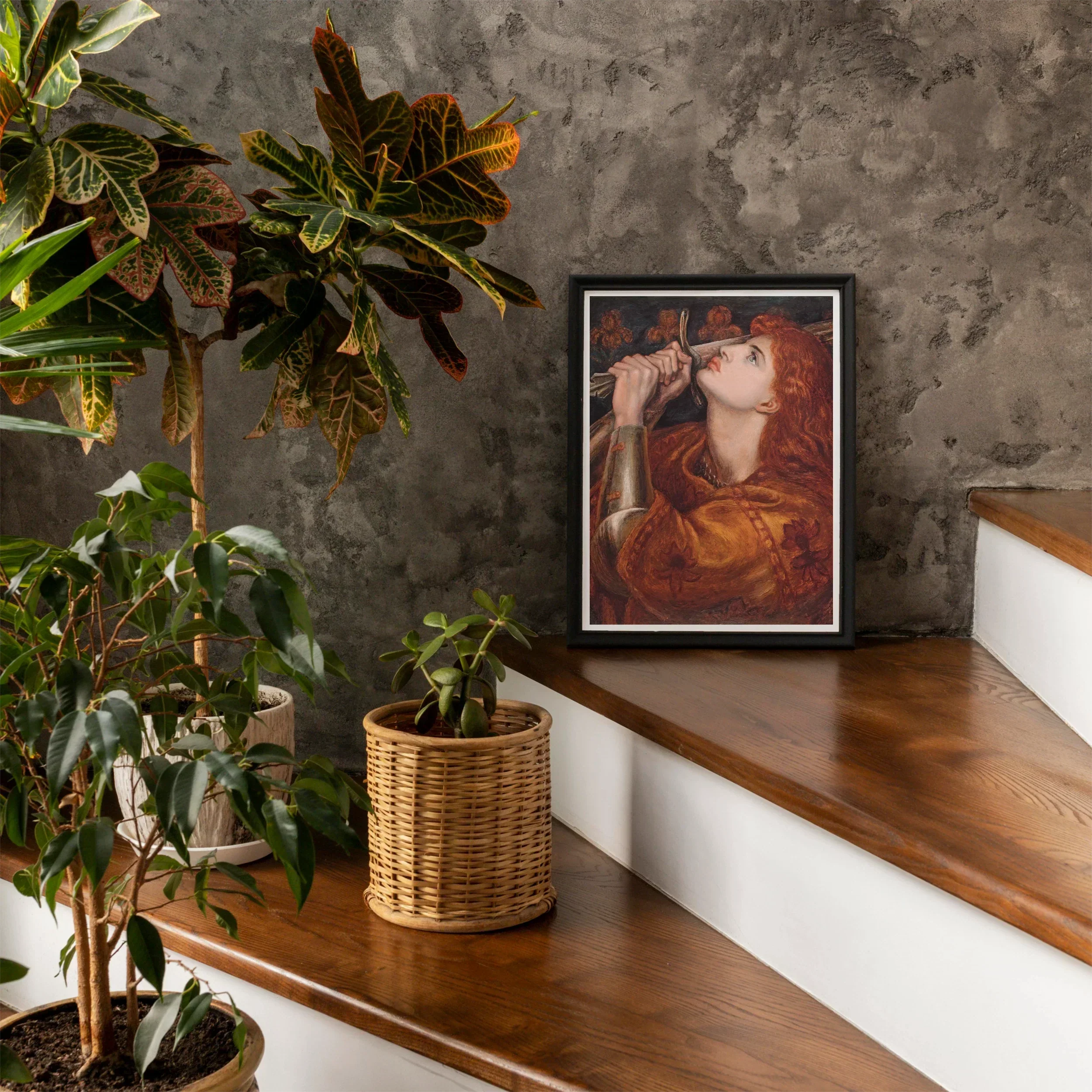 Joan of Arc - Dante Gabriel Rossetti Art Print, Framed Painting Woman Red Hair Textured Wall Backdrop