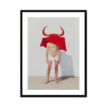 Joysticks - Surreal Gay Matador Art Print, Figure White Underwear Red Bull-shaped Head