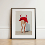 Black-framed Art Print Man White Red Bull Horns Gay Matador’s Horny, Essence, Surreal Matador