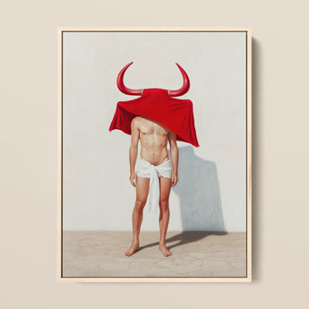 Framed Artwork Muscular Man Red Bull Horns Cloth Gay Matador’s Horny, Essence, Surreal Matador