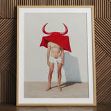 Framed Art Print Muscular Man Red Bull Horns Gay Matador’s Horny, Essence, Surreal Matador
