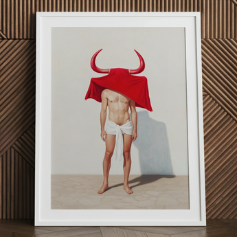 Framed Art Print Muscular Man Red Fabric Horns Gay Matador’s Horny, Essence, Surreal Matador