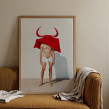 Framed Artwork Muscular Figure Red Horns Draped Cloth Gay Matador’s Horny, Essence, Surreal Matador