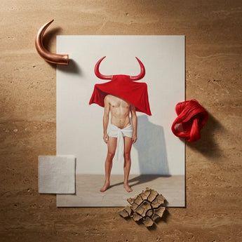 Printed Artwork Muscular Man Red Bull Horns Covered Gay Matador’s Horny, Essence, Surreal Matador