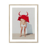 Joysticks - Surreal Gay Matador Art Print, Figure White Underwear Red Bull-horned Cloth Draped Head