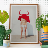 Joysticks - Surreal Gay Matador Art Print, Framed Artwork Figure Red Bull-horned Headdress White Underwear
