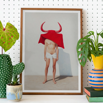 Joysticks - Surreal Gay Matador Art Print, Framed Artwork Figure Red Bull-horned Headdress White Underwear