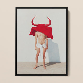Joysticks - Surreal Gay Matador Framed Canvas, 12x16’’ / 31x41cm / Black Floating Frame, Framed Bull Costume Art