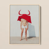 Joysticks - Surreal Gay Matador Framed Canvas, 12x16’’ / 31x41cm / Natural Floating Frame, Oil Painting Shirtless Person Red Bull-horned